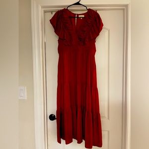 Melloday Ruffle Tiered Satin Maxi Dress, Size L - Red/Burgundy